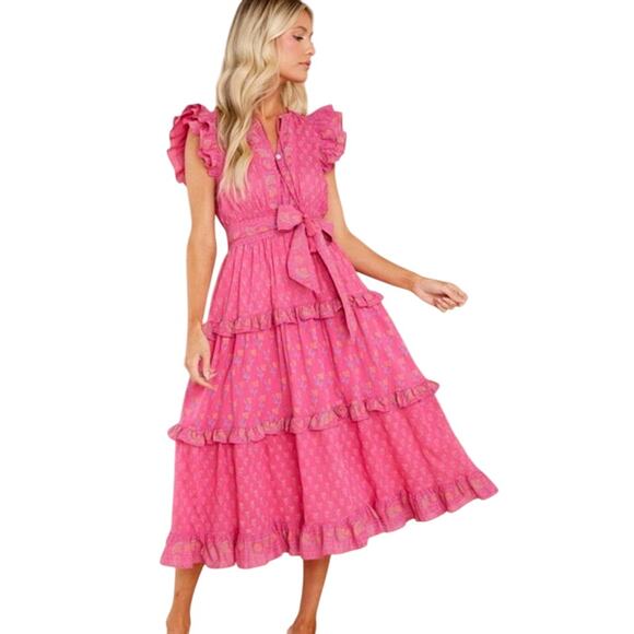 CLEOBELLA Kenzie Pink Floral Tiered Organic‎ Cotton long Midi Dress Size Large - Picture 1 of 8